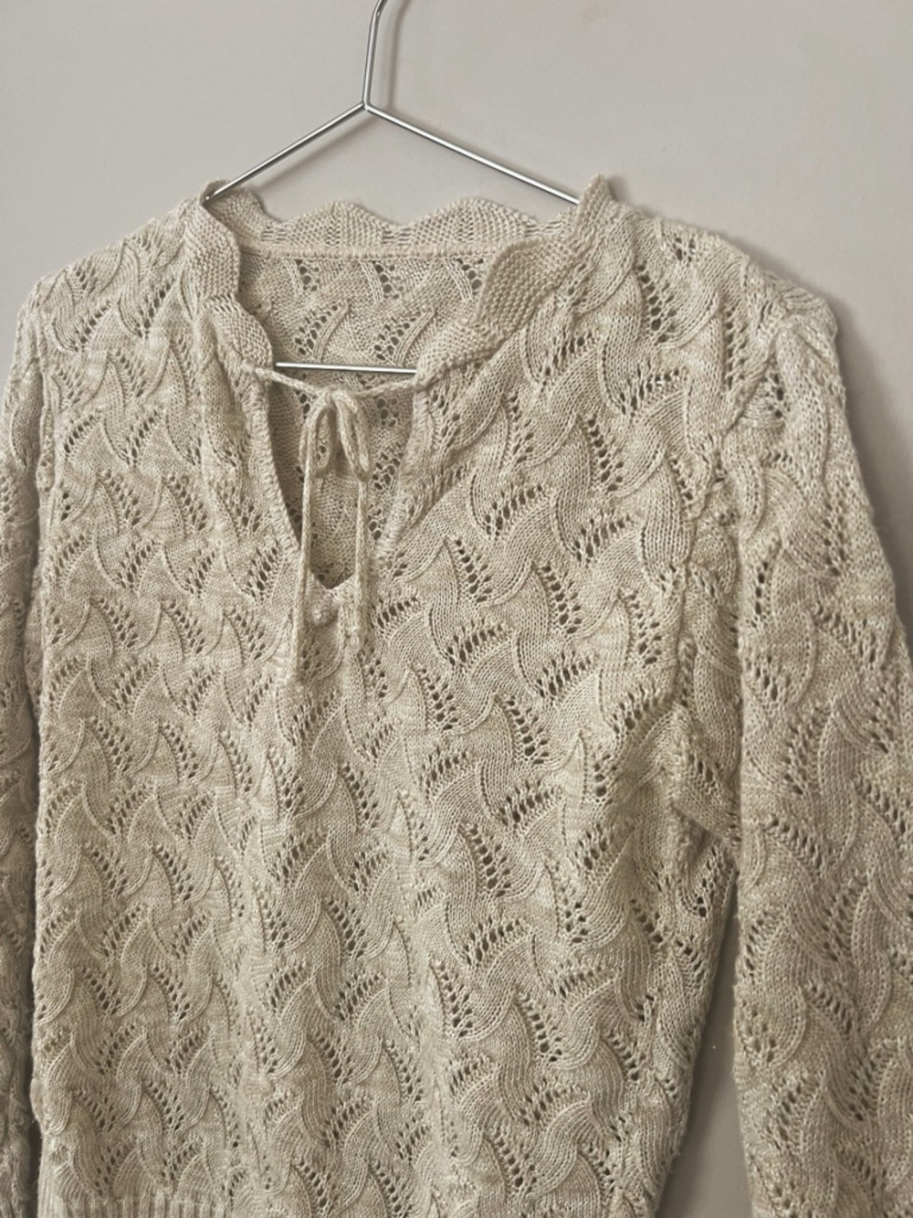 Cream Open Knit Lace Sweater Tie Neck Cottagecore Boho Top Medium - Picture 3 of 10